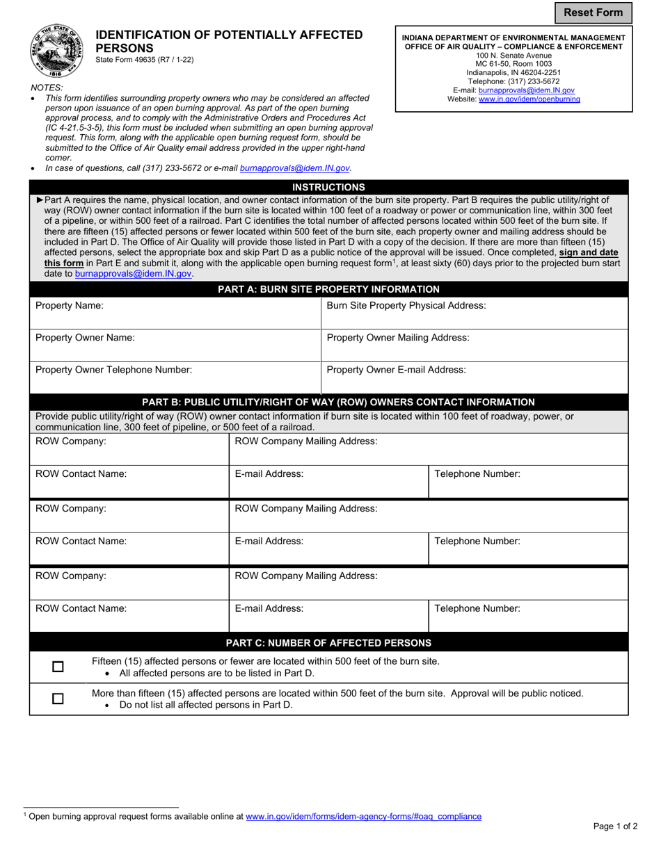 State Form 49635 Identification of Potentially Affected Persons - Indiana, Page 1