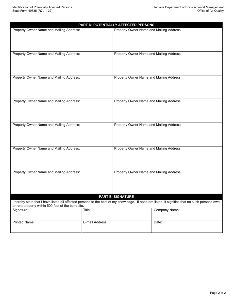 State Form 49635 Identification of Potentially Affected Persons - Indiana, Page 2