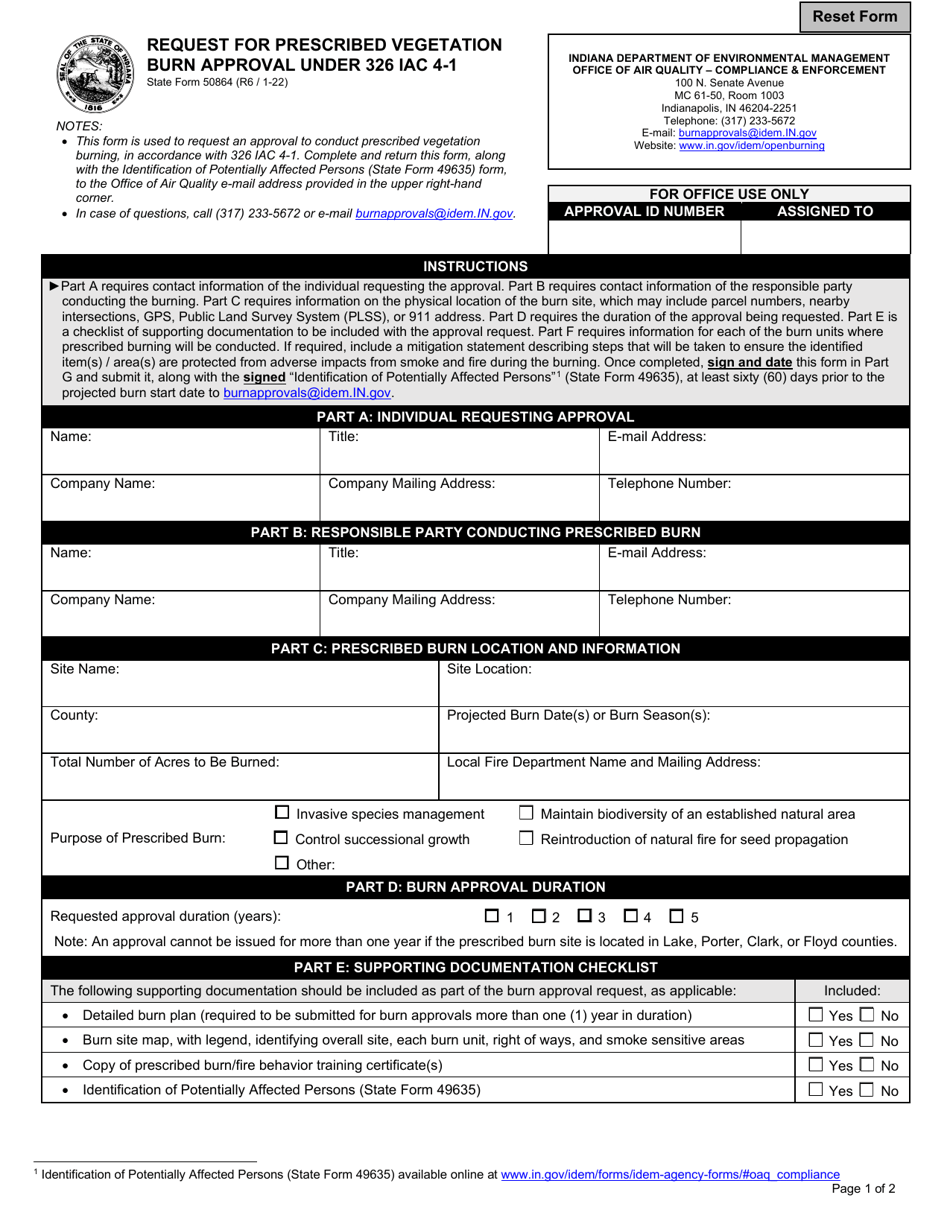 State Form 50864 Request for Prescribed Vegetation Burn Approval Under 326 Iac 4-1 - Indiana, Page 1