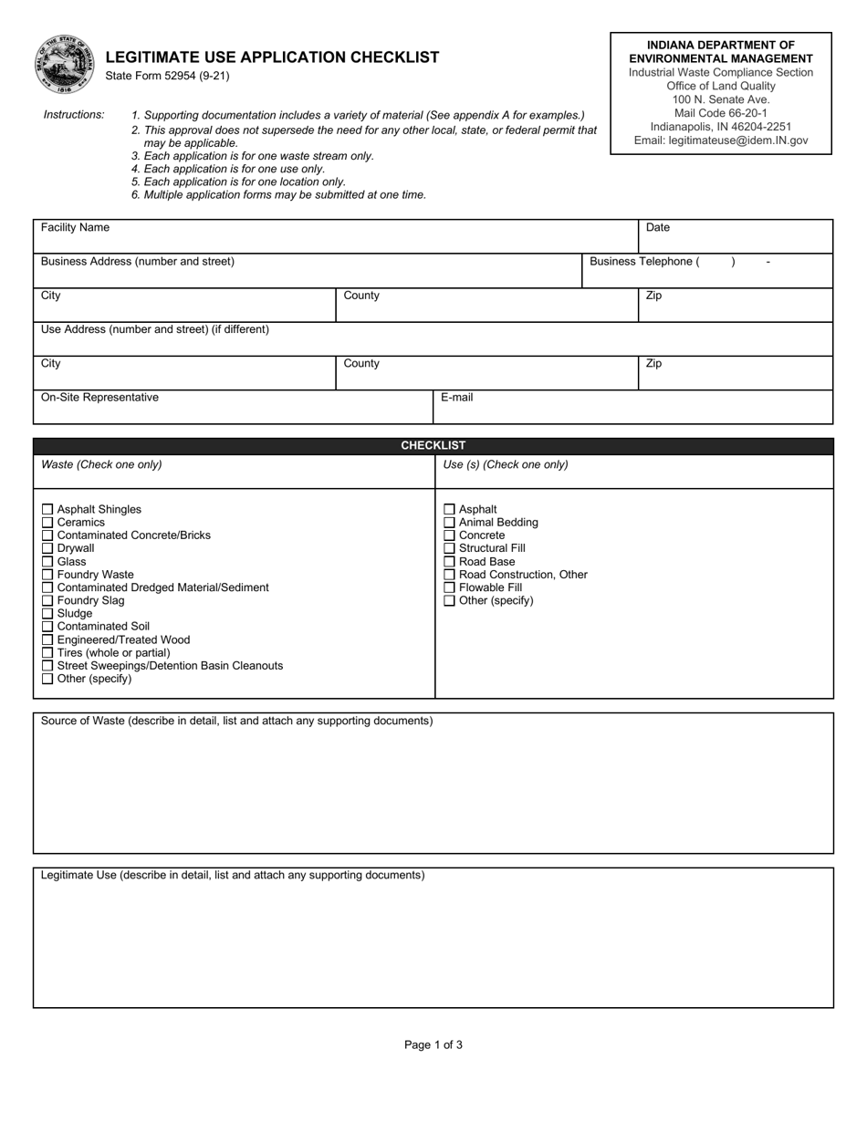 State Form 52954 Legitimate Use Application Checklist - Indiana, Page 1