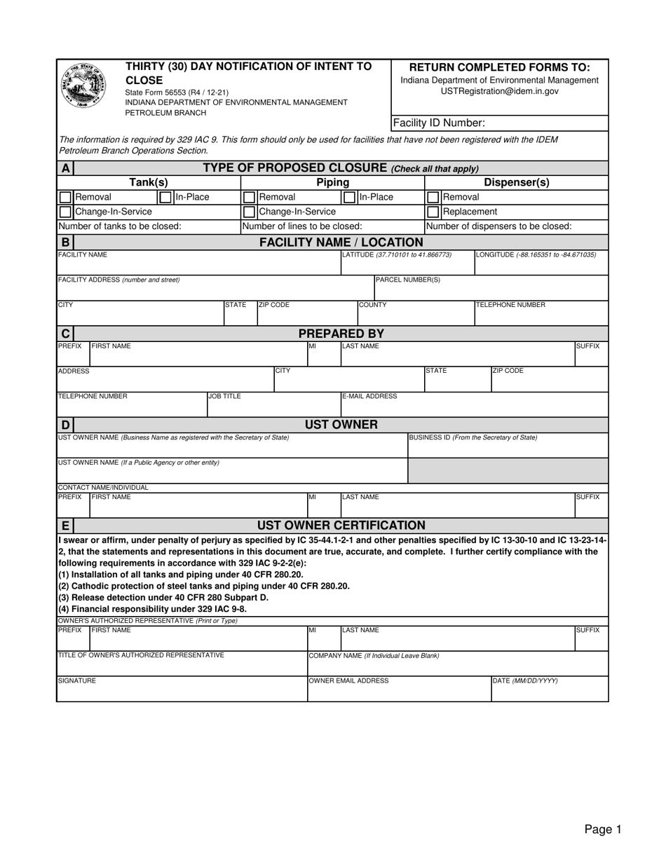 State Form 56553 Thirty (30) Day Notification of Intent to Close - Indiana, Page 1