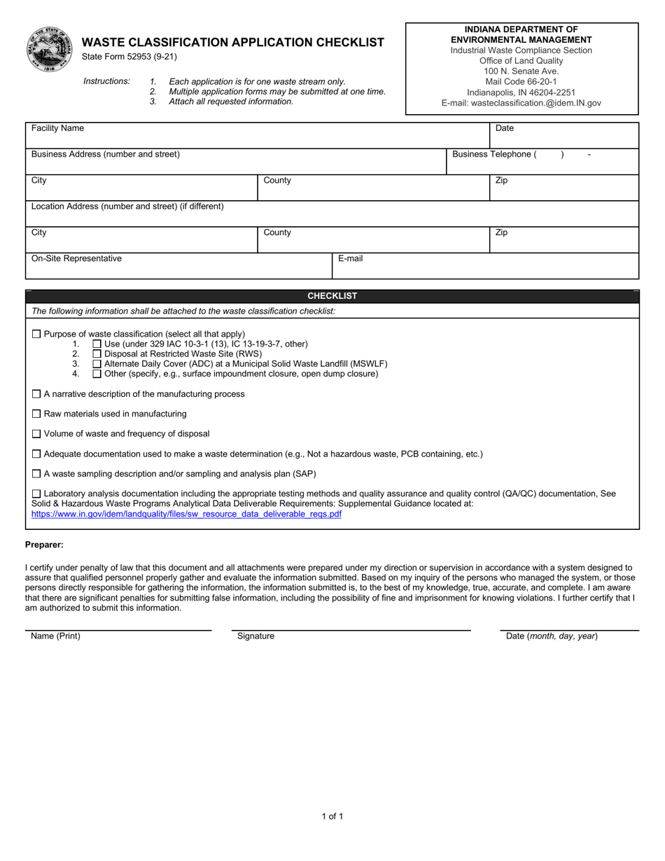 State Form 52953 Waste Classification Application Checklist - Indiana, Page 1