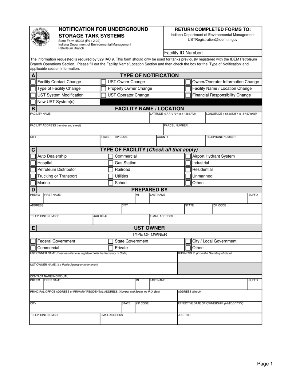 State Form 45223 Notification for Underground Storage Tank Systems - Indiana, Page 1