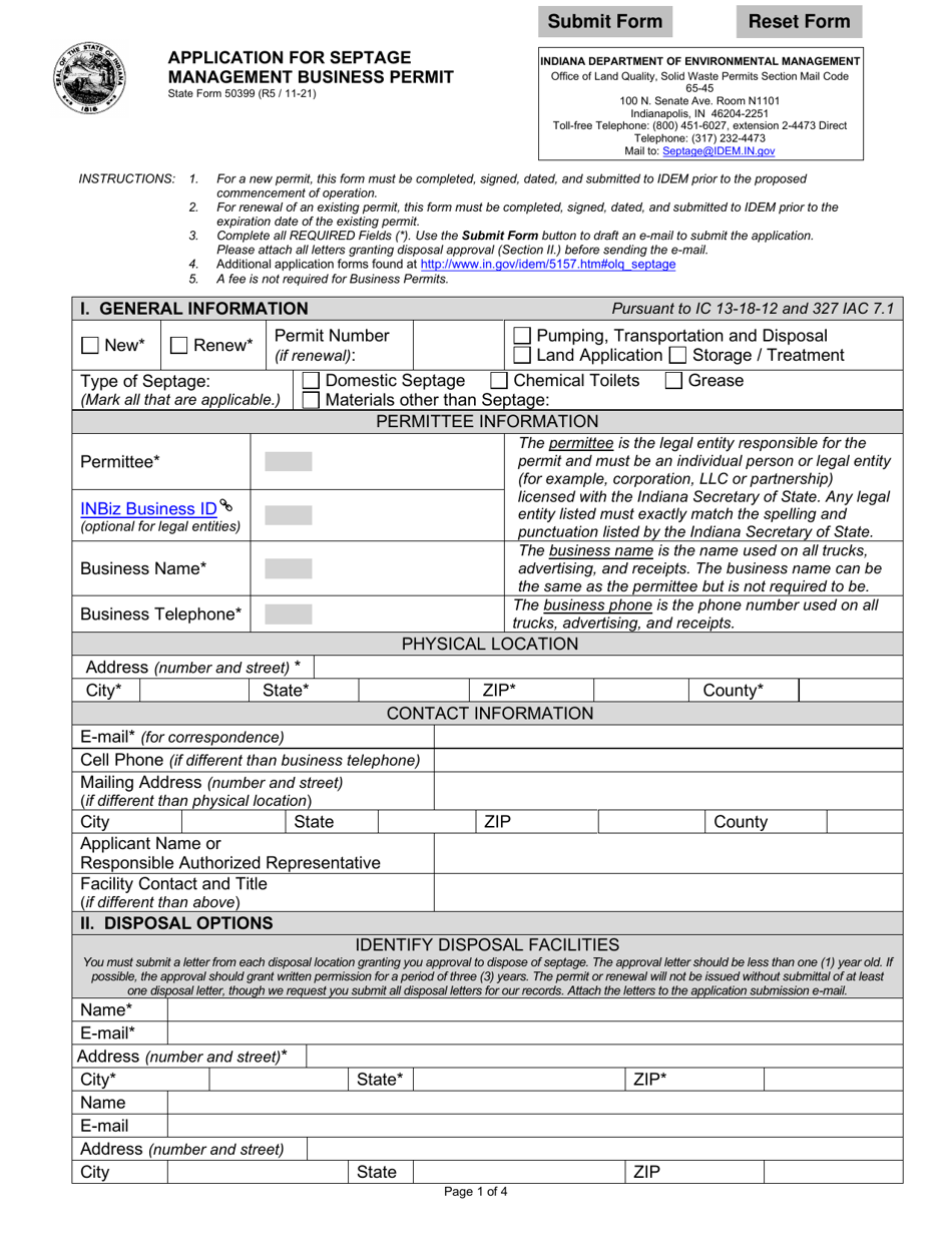 State Form 50399 Application for Septage Management Business Permit - Indiana, Page 1