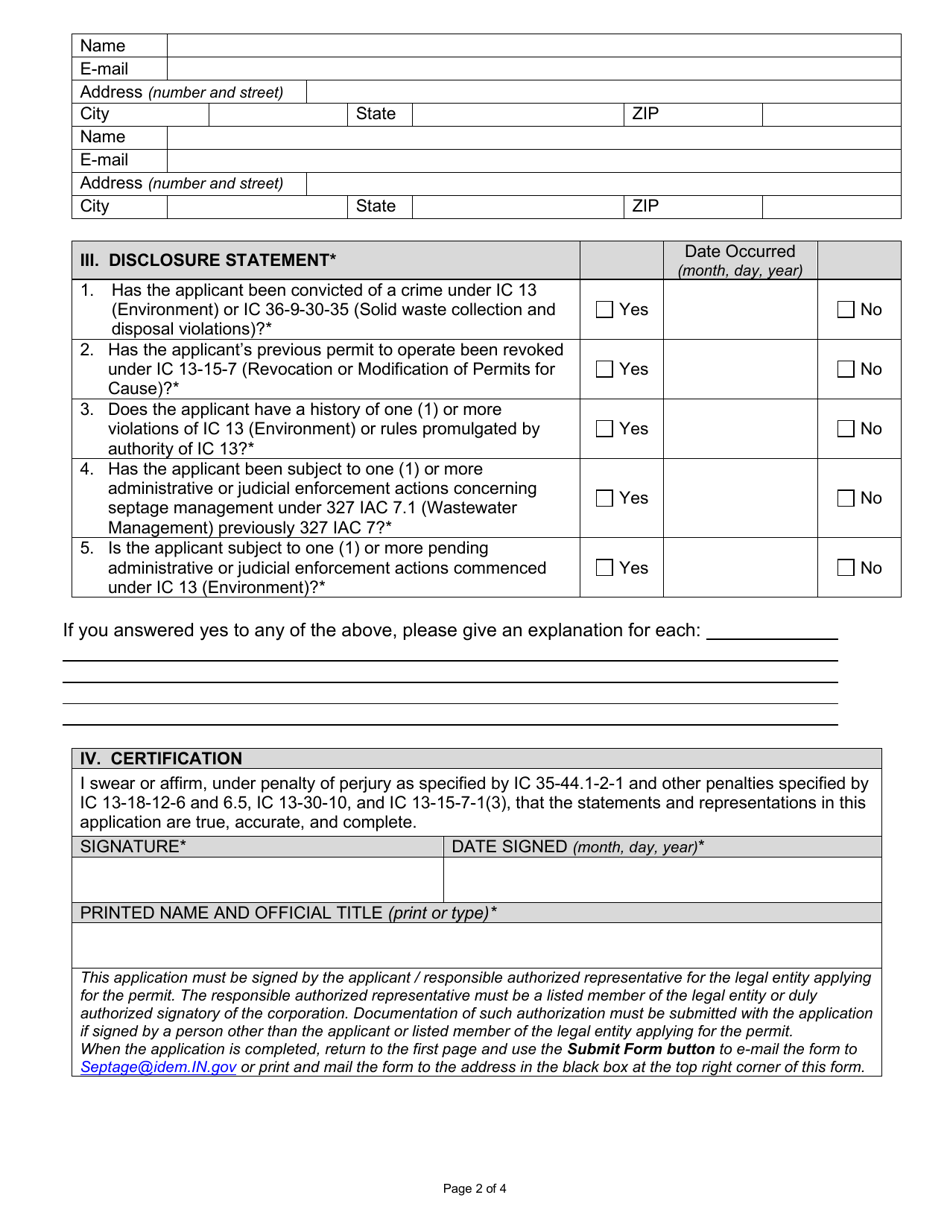 State Form 50399 Application for Septage Management Business Permit - Indiana, Page 2