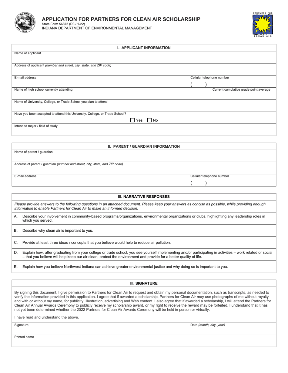 State Form 56875 Application for Partners for Clean Air Scholarship - Indiana, Page 2