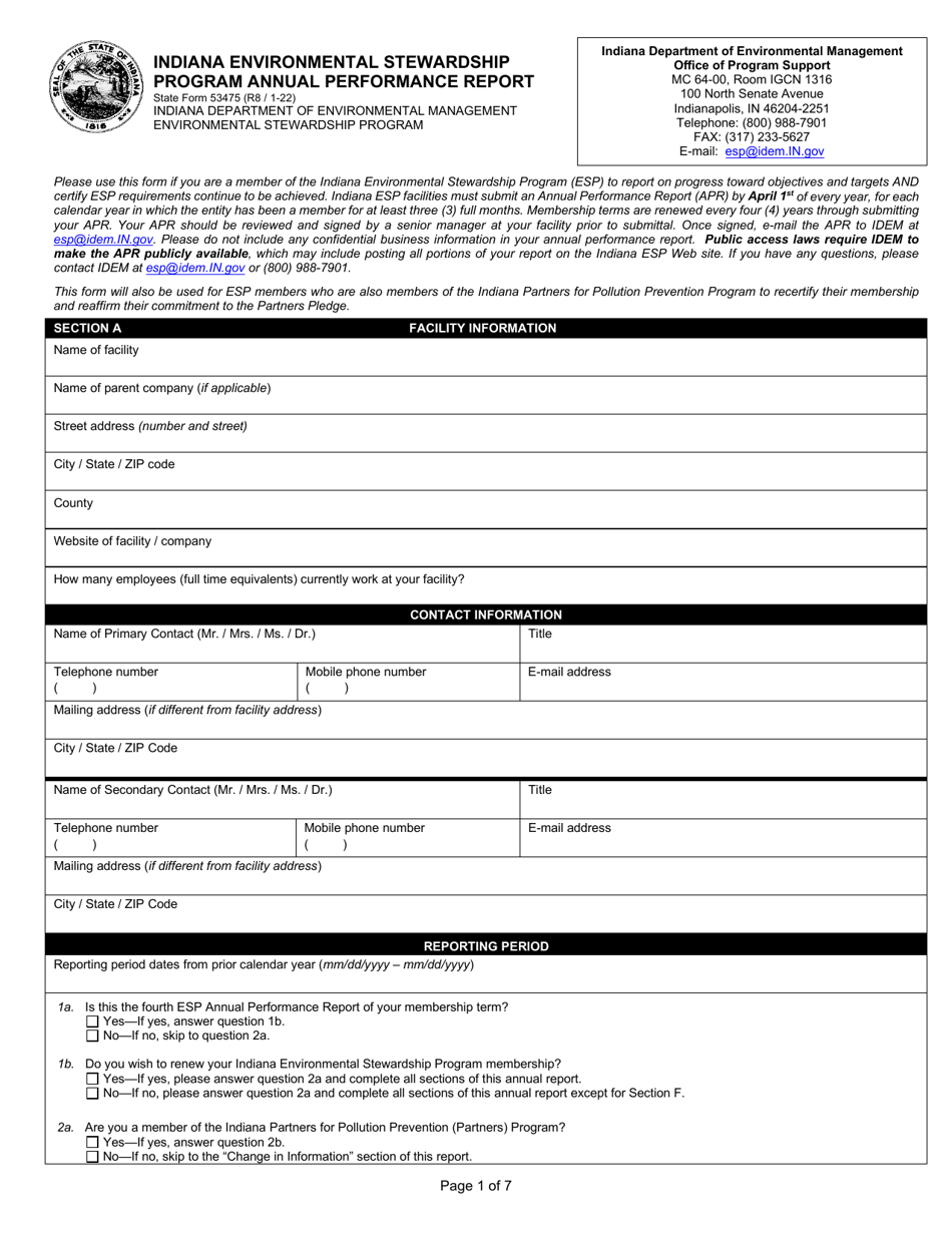 State Form 53475 Indiana Environmental Stewardship Program Annual Performance Report - Indiana, Page 1