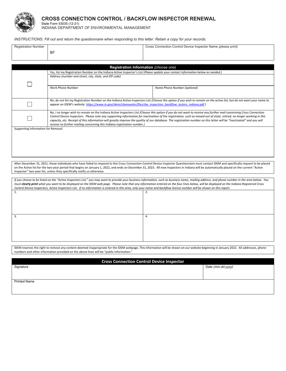 State Form 53035 Cross Connection Control / Backflow Inspector Renewal - Indiana, Page 1