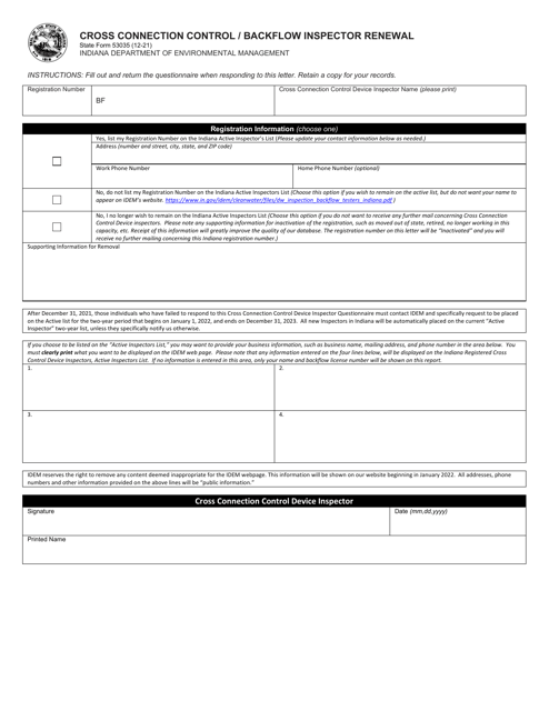 State Form 53035 Cross Connection Control/Backflow Inspector Renewal - Indiana