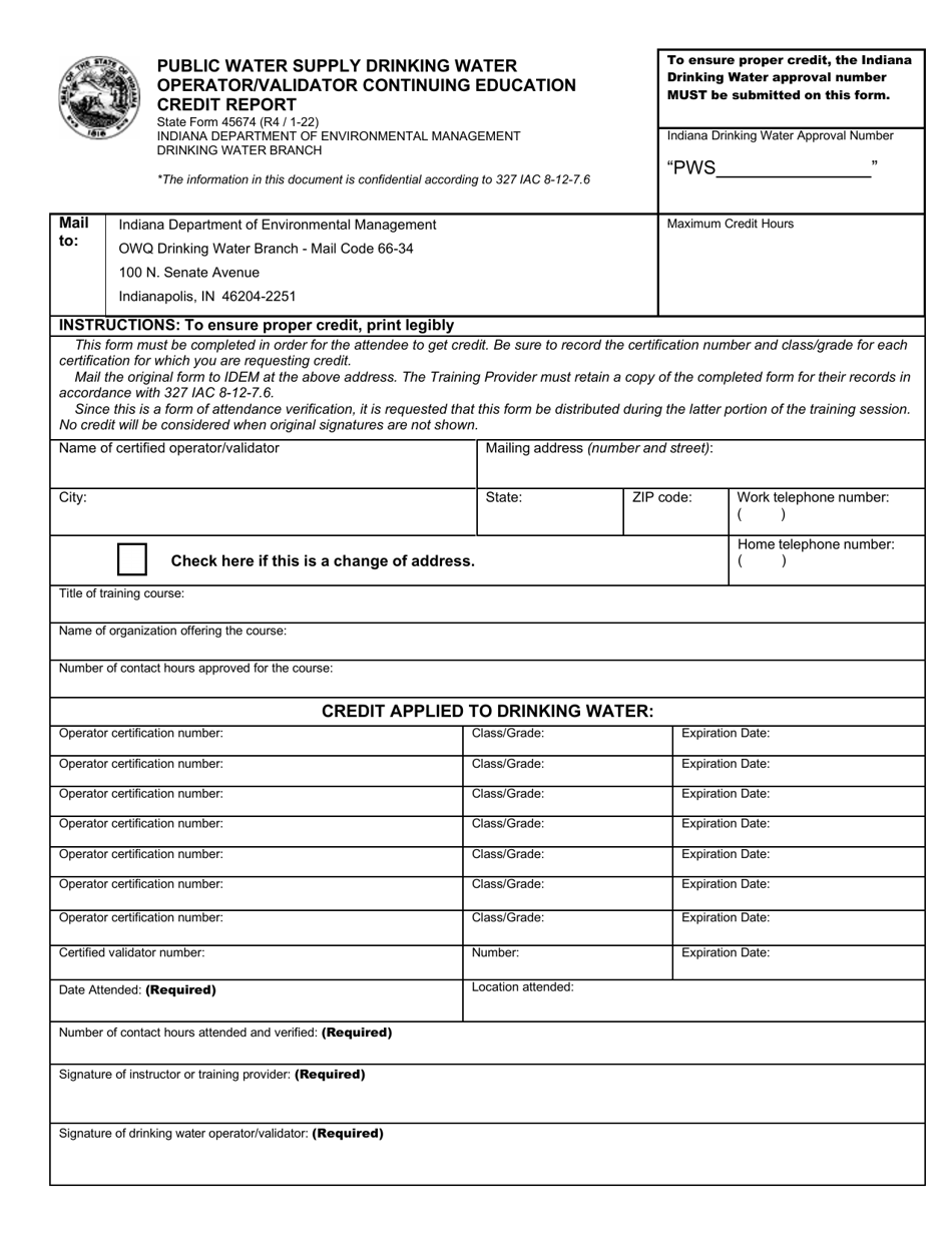 State Form 45674 Public Water Supply Drinking Water Operator/Validator Continuing Education Credit Report - Indiana, Page 1