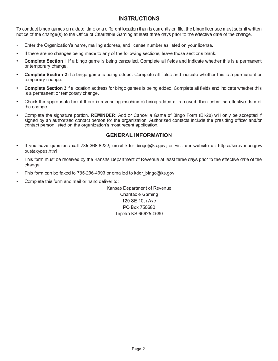 Form BI-20 Add or Cancel a Game of Bingo - Kansas, Page 2
