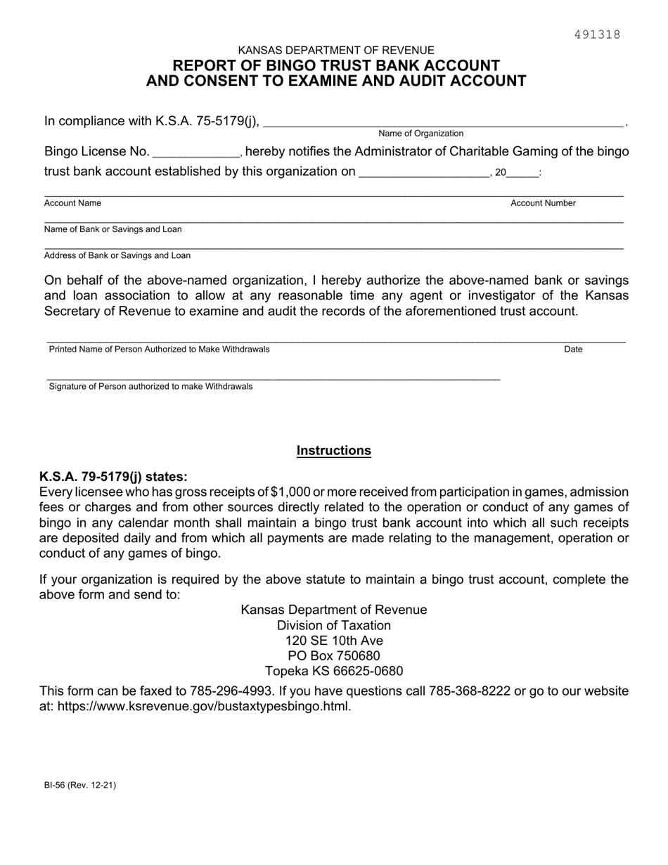 Form BI-56 Report of Bingo Trust Bank Account and Consent to Examine and Audit Account - Kansas, Page 1