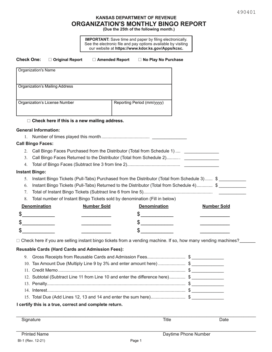 Form BI-1 Organizations Monthly Bingo Report - Kansas, Page 1