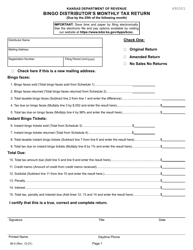 Form BI-4 Bingo Distributor's Monthly Tax Return - Kansas