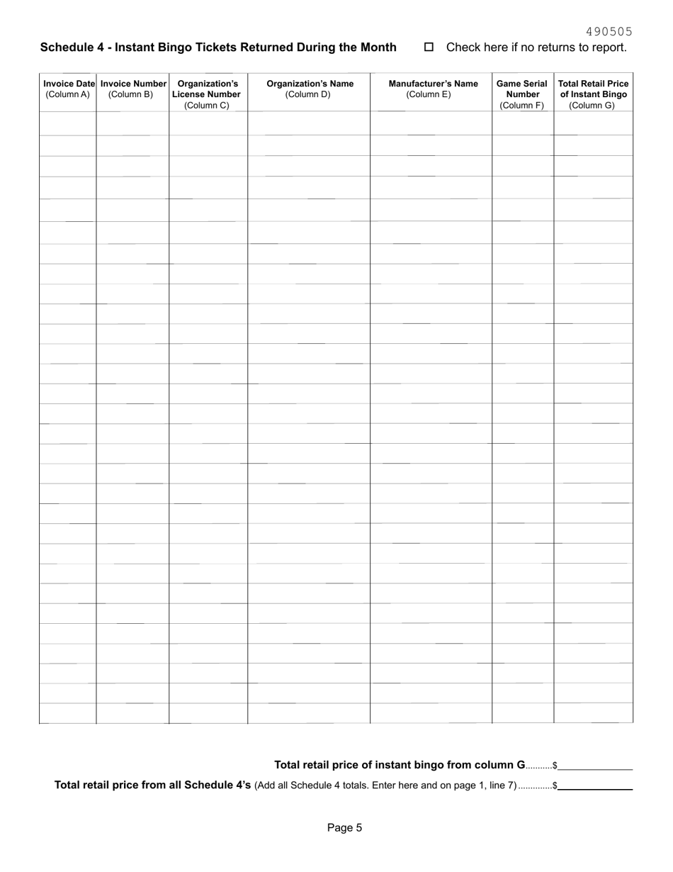 Form BI-4 Bingo Distributors Monthly Tax Return - Kansas, Page 5