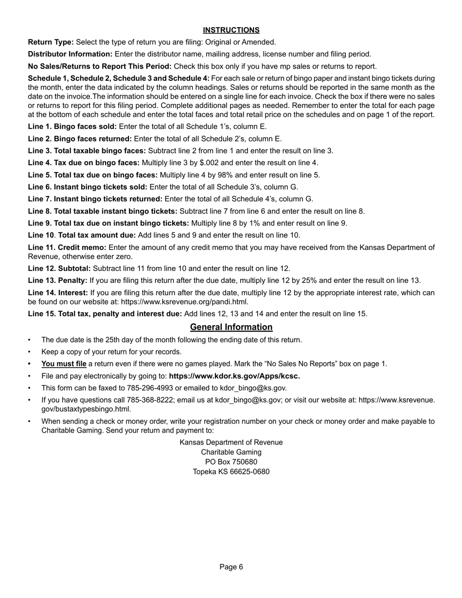 Form BI-4 Bingo Distributors Monthly Tax Return - Kansas, Page 6
