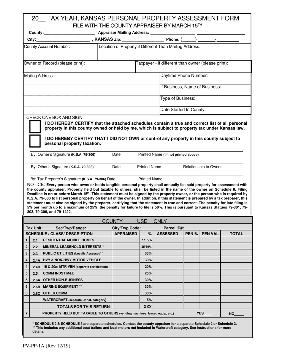 Form PV-PP-1A Kansas Personal Property Assessment Form - Kansas, Page 1