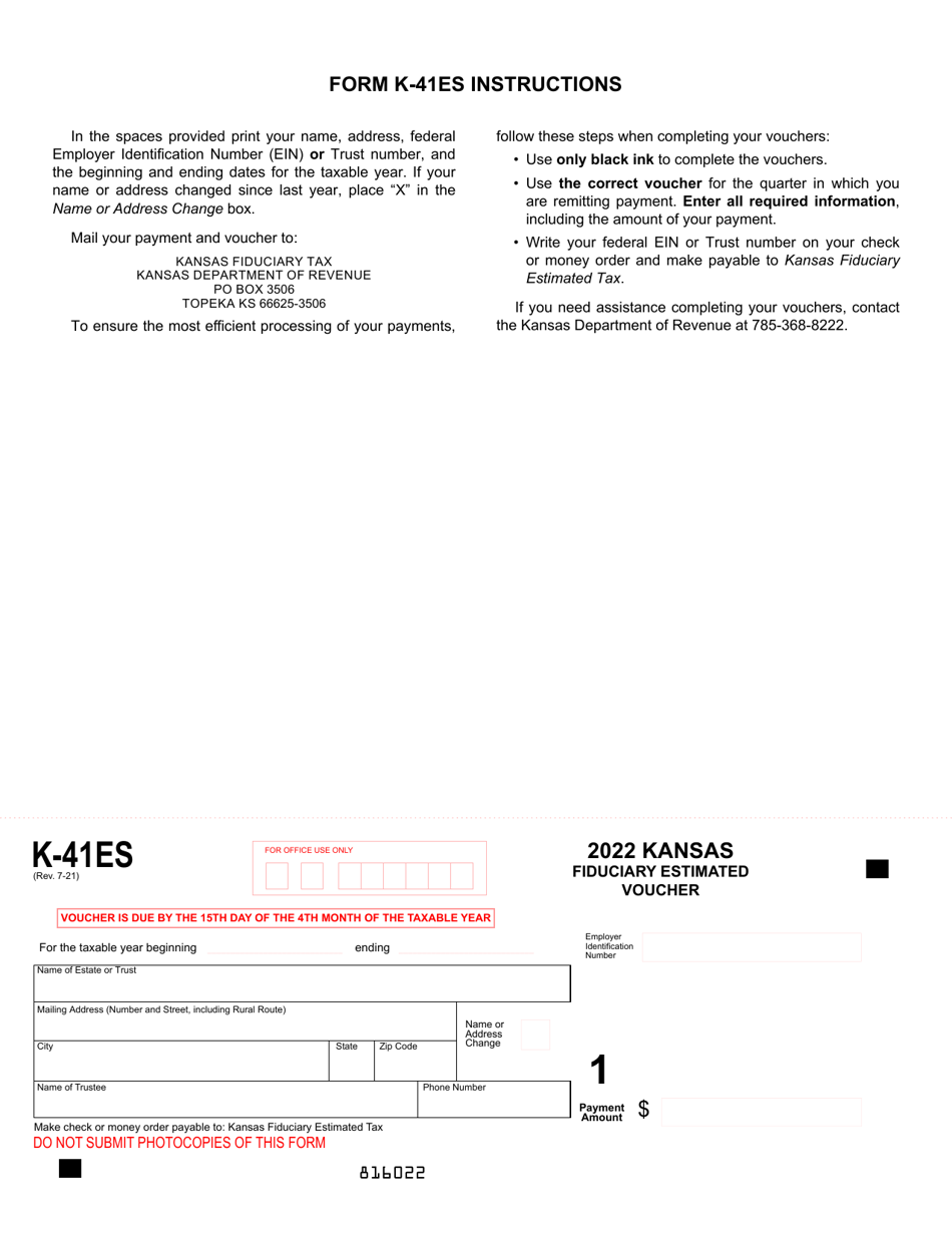 Form K-41ES Kansas Fiduciary Estimated Voucher - Kansas, Page 1