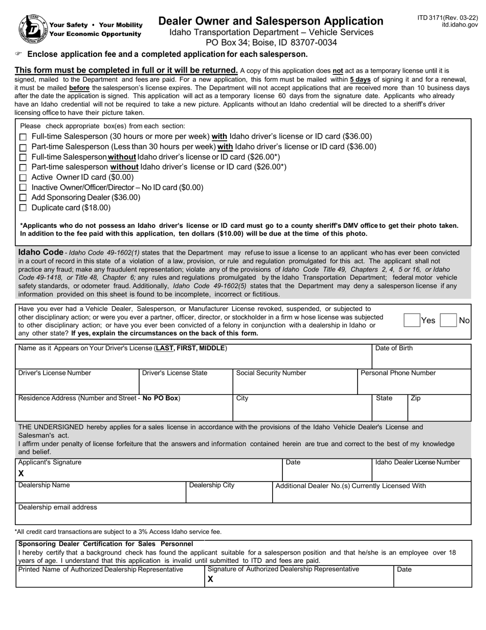 Form ITD3171 Download Fillable PDF or Fill Online Dealer Owner and ...