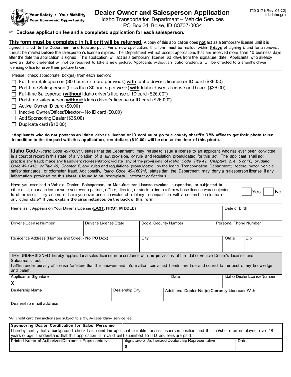 Form ITD3171 Dealer Owner and Salesperson Application - Idaho, Page 1