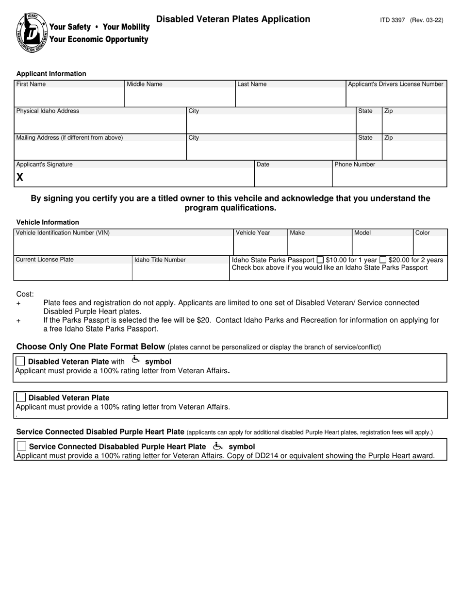 Form ITD3397 Disabled Veteran Plates Application - Idaho, Page 1