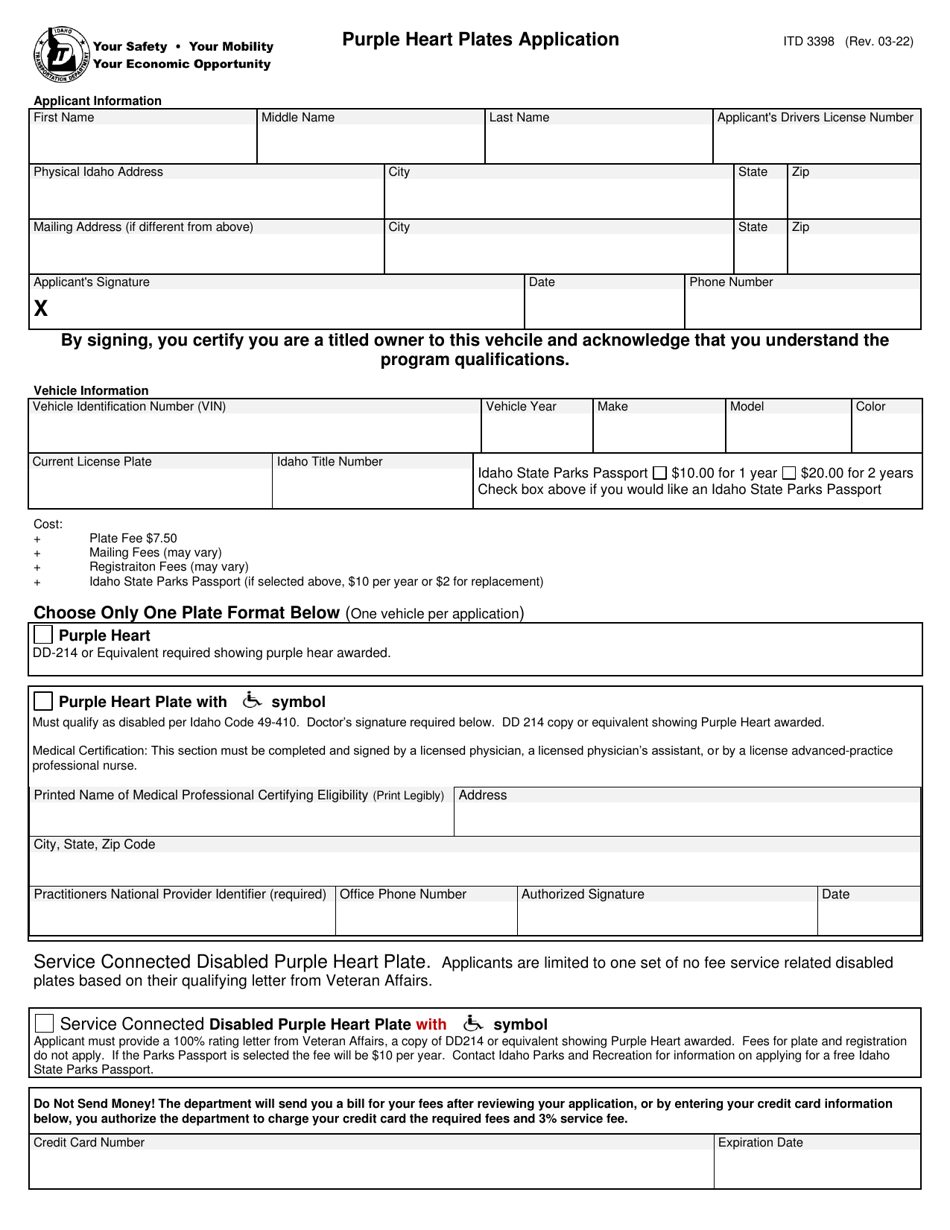 Form ITD3398 Purple Heart Plates Application - Idaho, Page 1