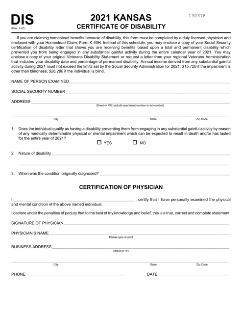 Form DIS Certificate of Disability - Kansas, 2021