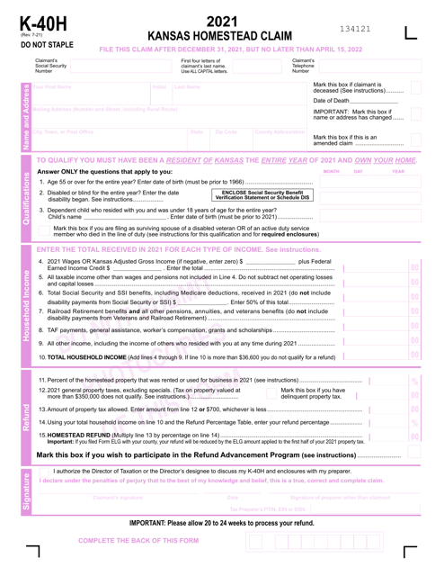 Form K-40H 2021 Printable Pdf