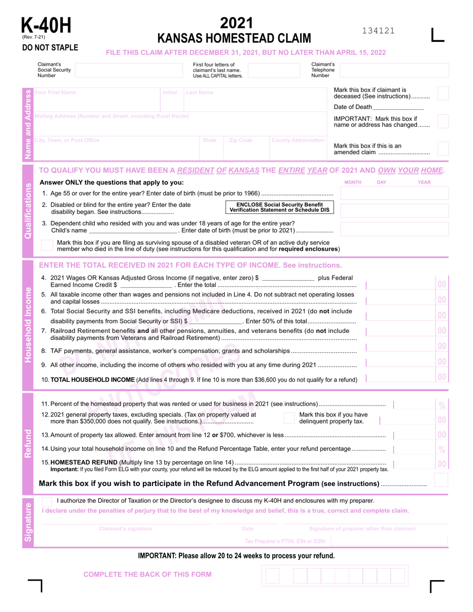 Form K-40H Kansas Homestead Claim - Kansas, Page 1