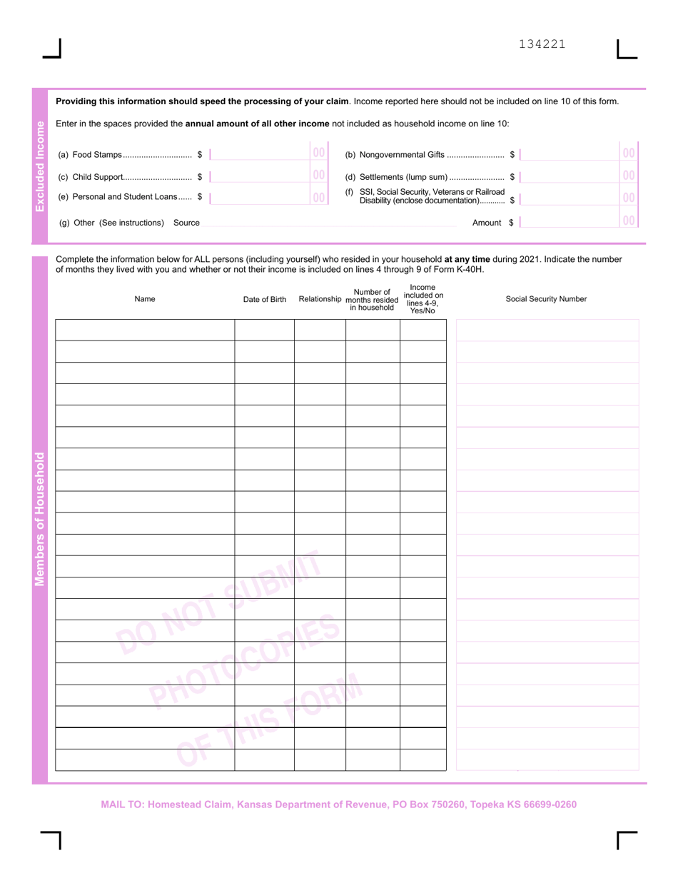 Form K 40h Download Fillable Pdf Or Fill Online Kansas Homestead Claim 2021 Kansas 9930