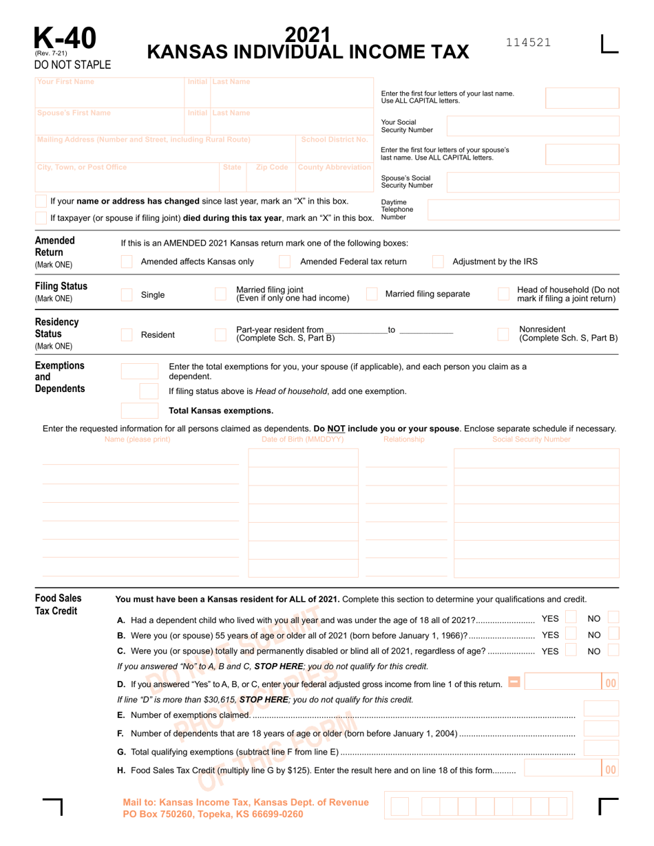 Form K-40 Kansas Individual Income Tax - Kansas, Page 1