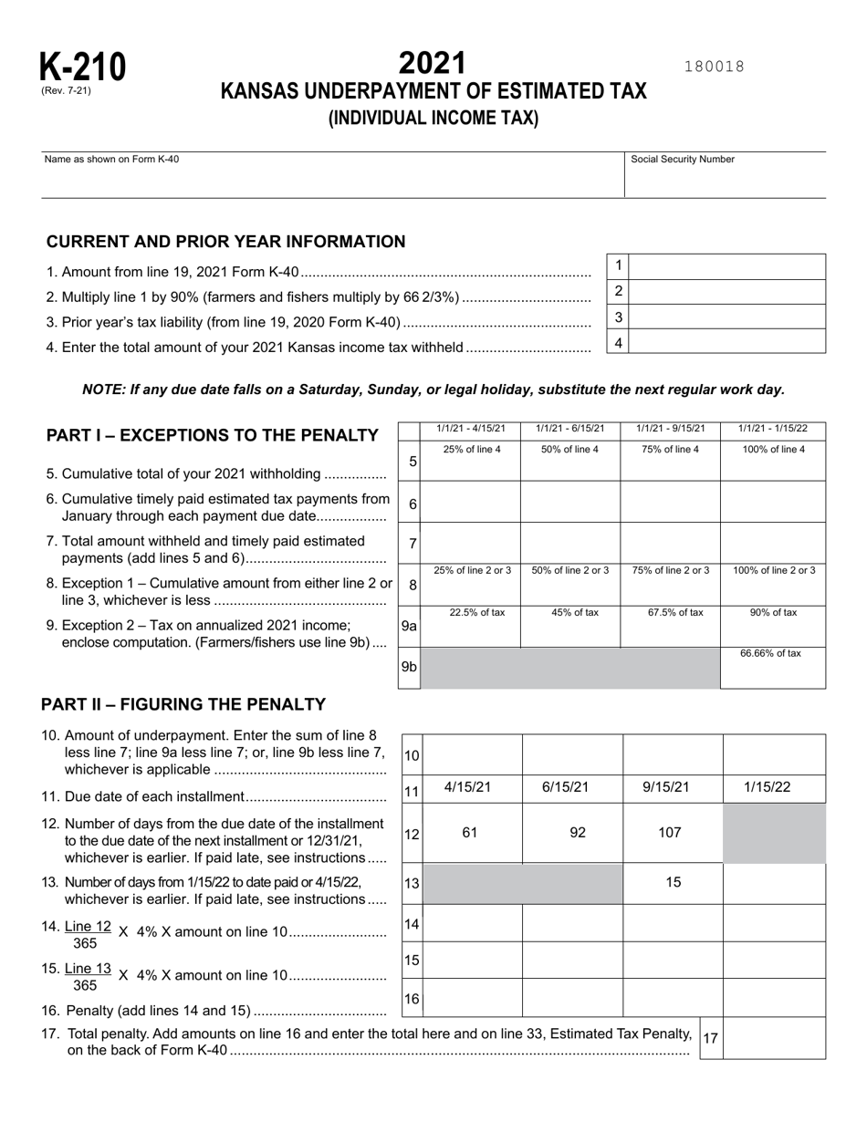Schedule K-210 Kansas Underpayment of Estimated Tax (Individual Income Tax) - Kansas, Page 1