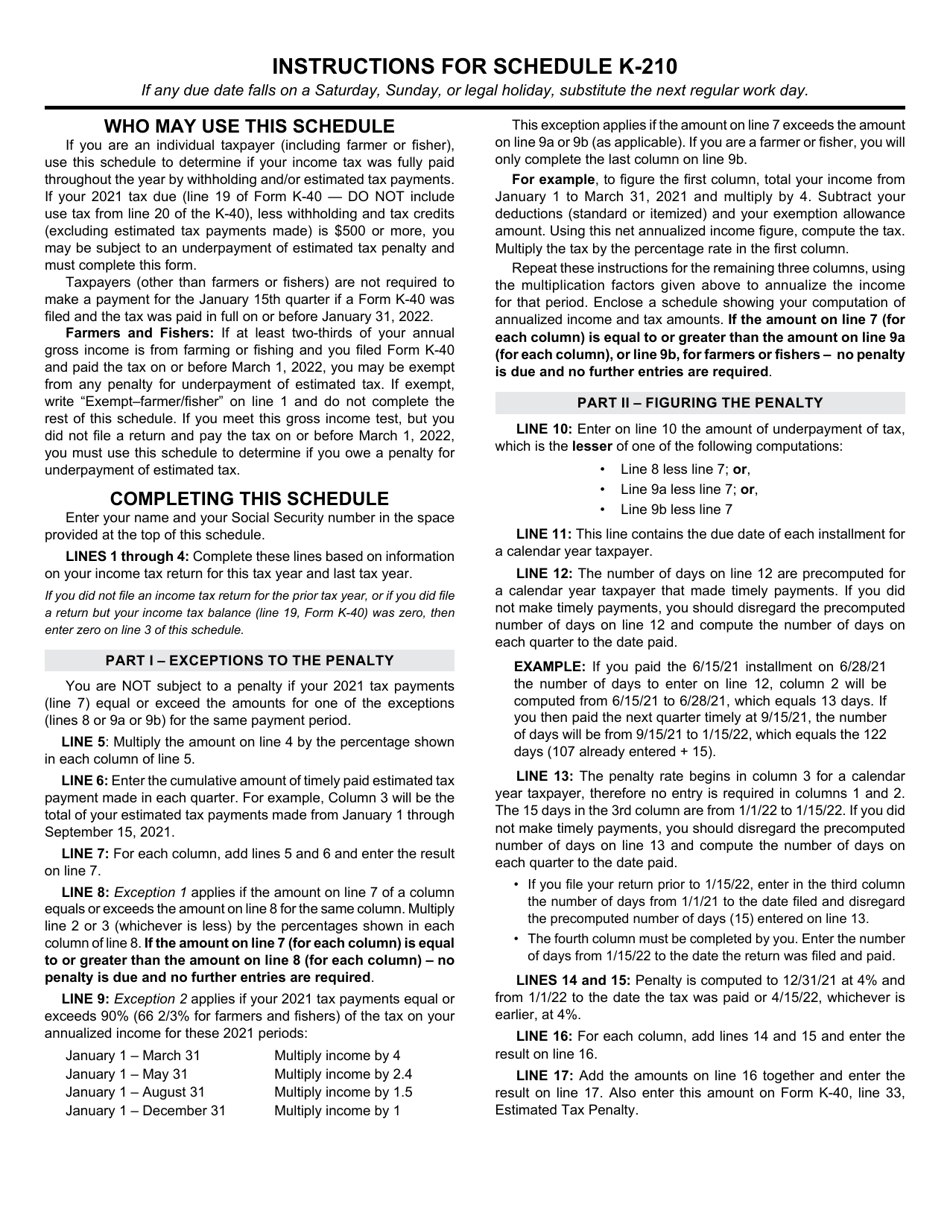 Schedule K-210 Kansas Underpayment of Estimated Tax (Individual Income Tax) - Kansas, Page 2