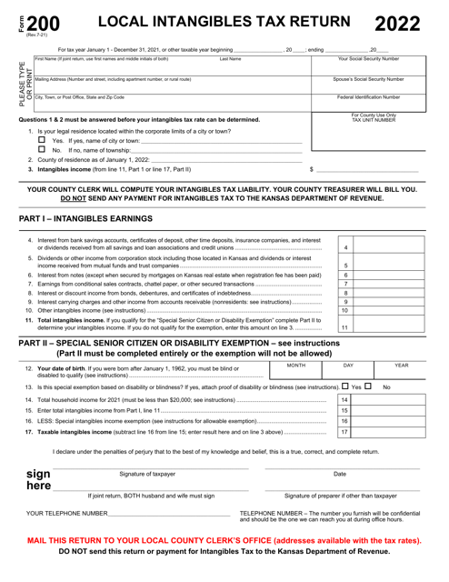 Form 200 Local Intangibles Tax Return - Kansas, 2022