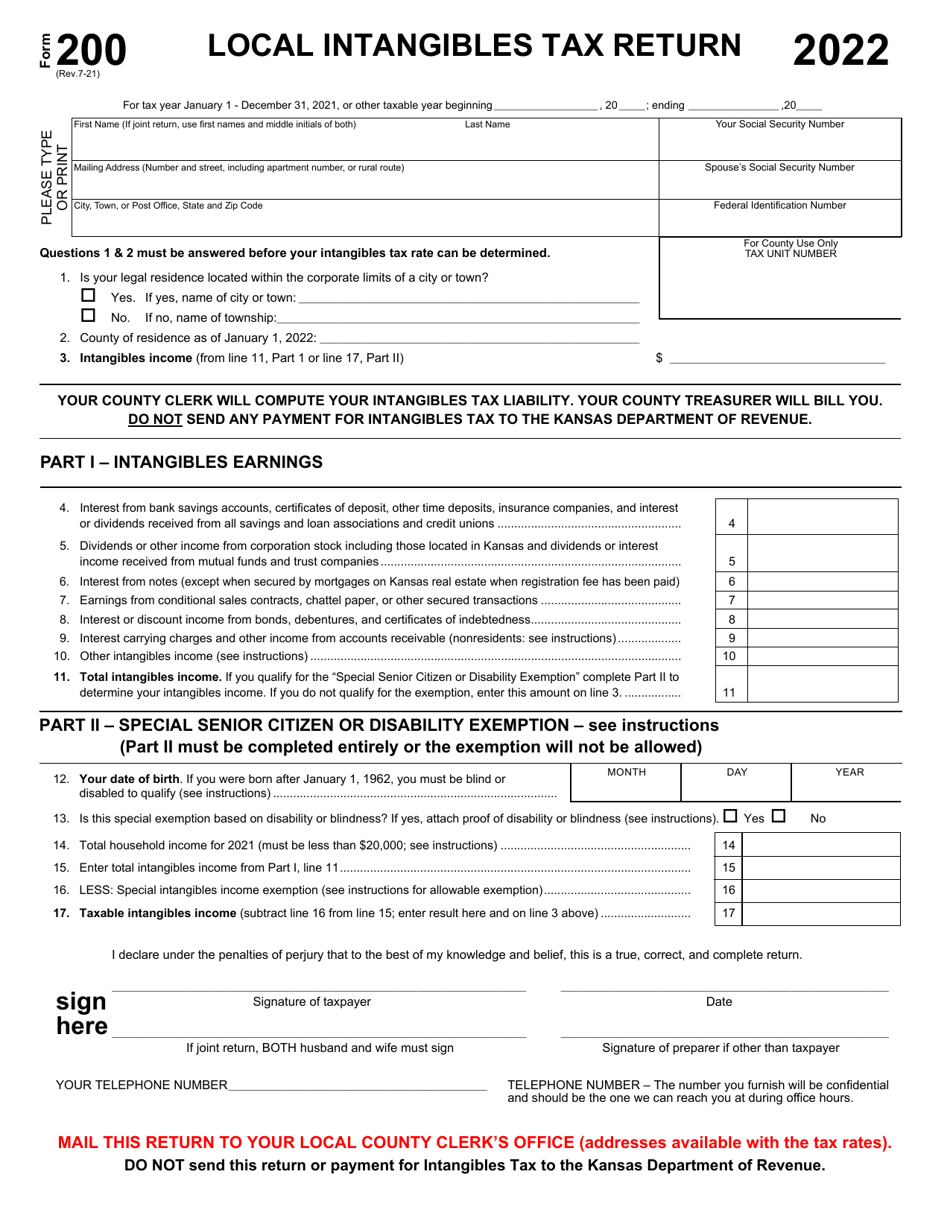 Form 200 Local Intangibles Tax Return - Kansas, Page 1