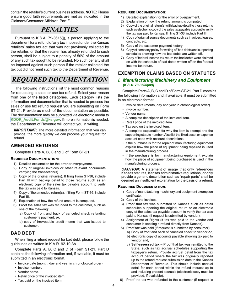 Form ST-21 Sales and Use Tax Refund Application - Kansas, Page 4