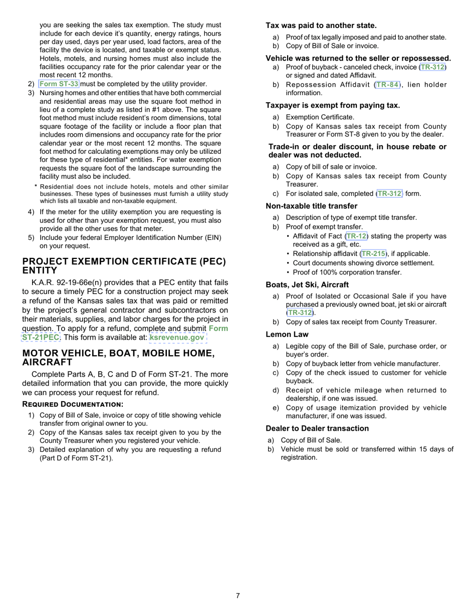 Form ST-21 Sales and Use Tax Refund Application - Kansas, Page 7