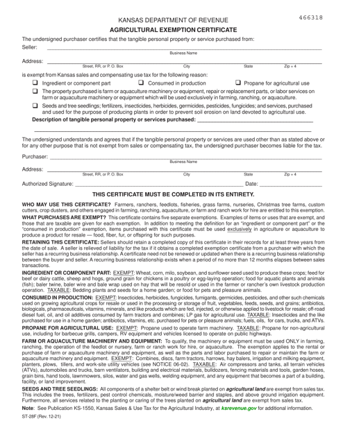Form ST-28F Agricultural Exemption Certificate - Kansas