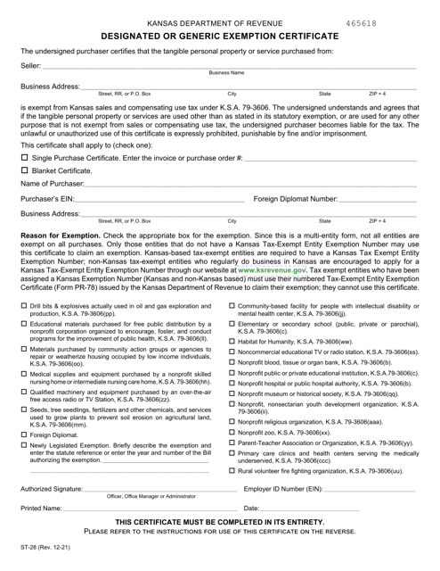 Form ST-28 Designated or Generic Exemption Certificate - Kansas