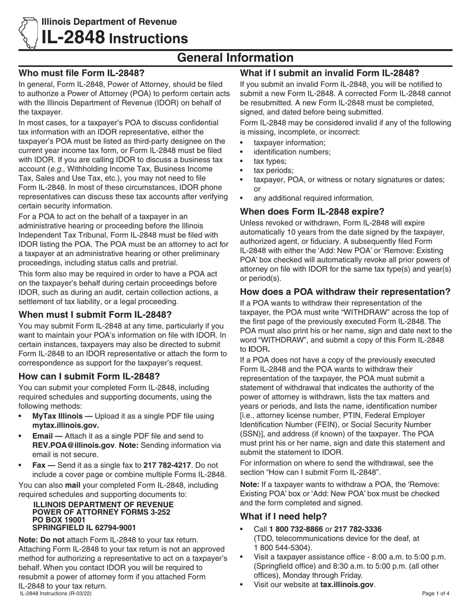 Instructions for Form IL-2848, IL-2848-A, IL-2848-B - Illinois, Page 1
