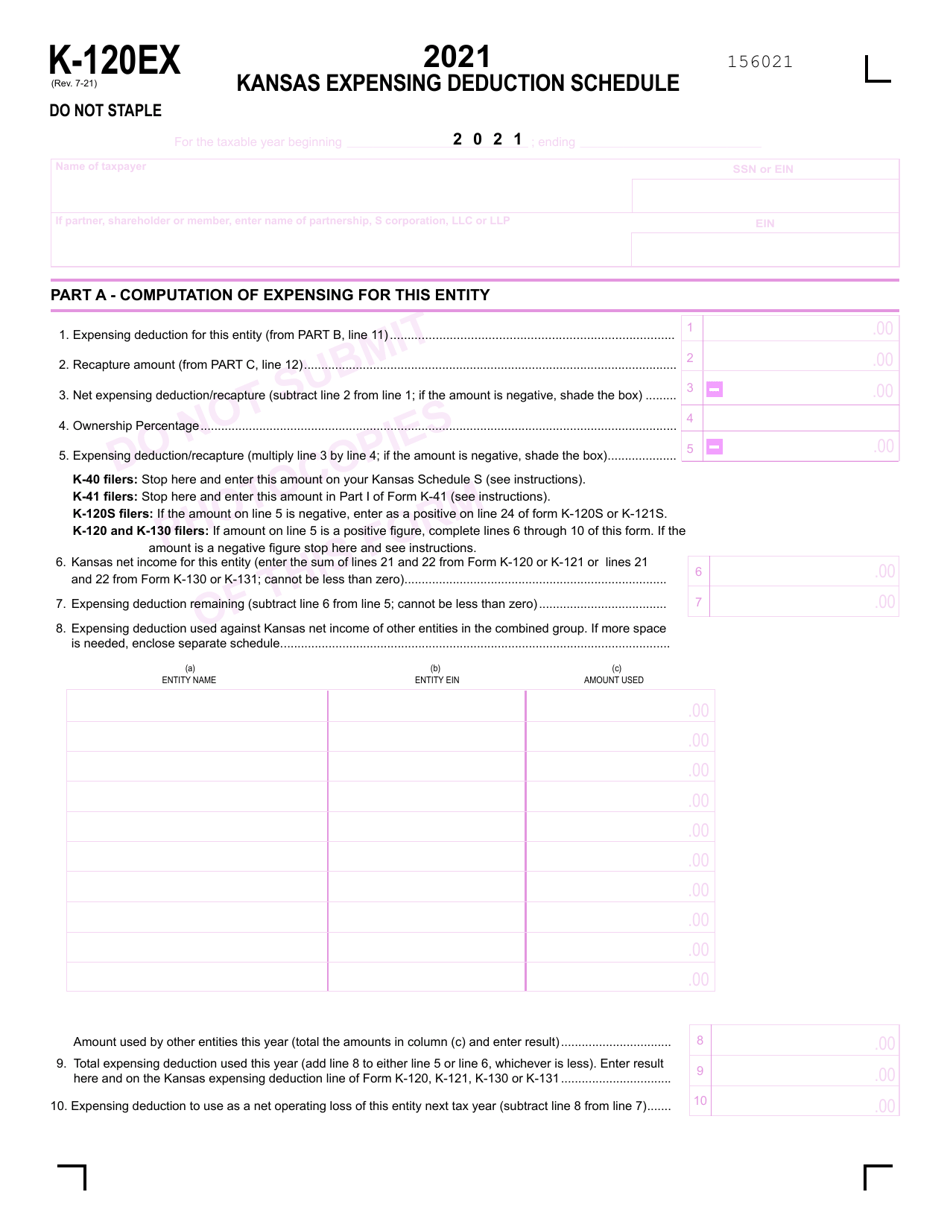 Schedule K-120EX Kansas Expensing Deduction Schedule - Kansas, Page 1