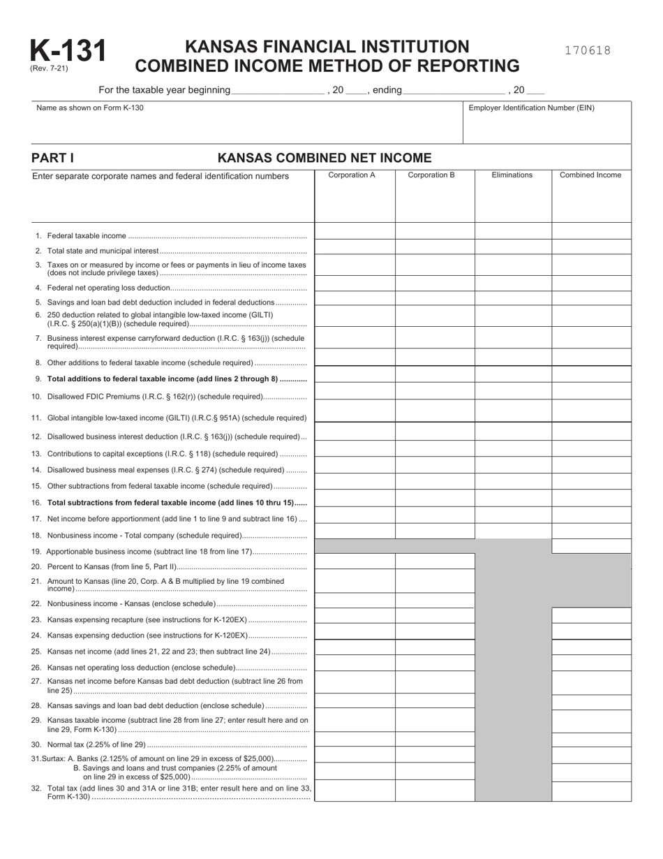 Form K-131 Kansas Financial Institution Combined Income Method of Reporting - Kansas, Page 1
