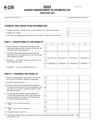 Schedule K-230 Kansas Underpayment of Estimated Tax (Privilege Tax) - Kansas
