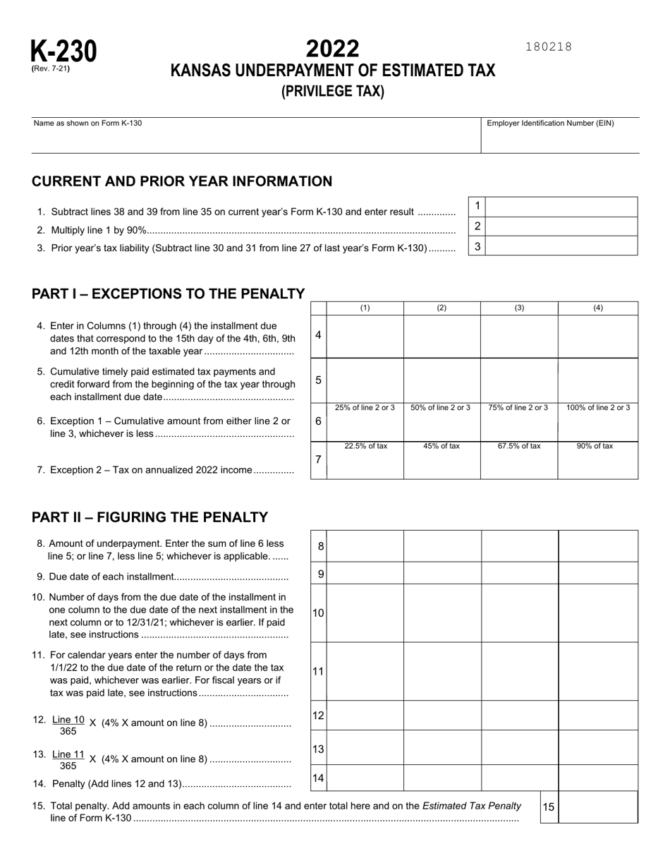 Schedule K-230 Kansas Underpayment of Estimated Tax (Privilege Tax) - Kansas, Page 1