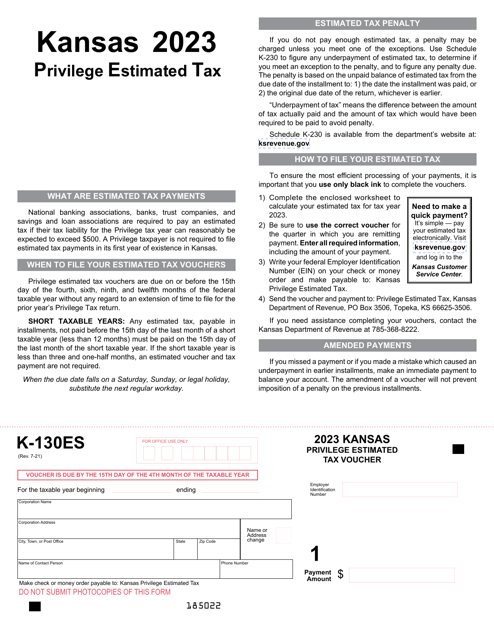 Form K-130ES Privilege Estimated Tax Vouchers - Kansas, 2023