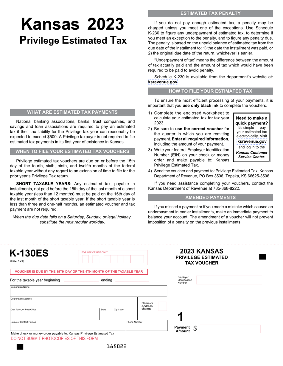 Form K-130ES Privilege Estimated Tax Vouchers - Kansas, Page 1