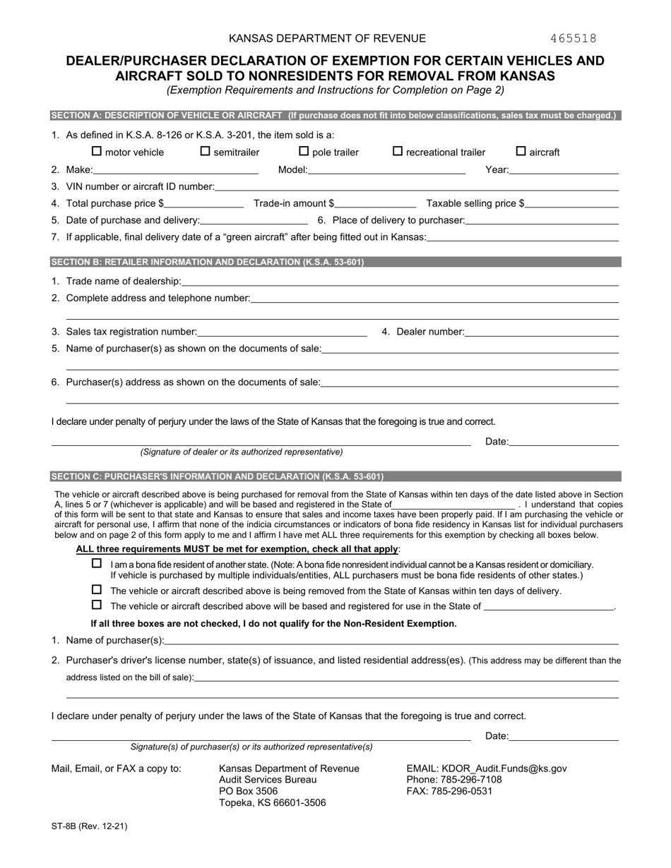 Form ST-8B Dealer / Purchaser Declaration of Exemption for Certain Vehicles and Aircraft Sold to Nonresidents for Removal From Kansas - Kansas, Page 1