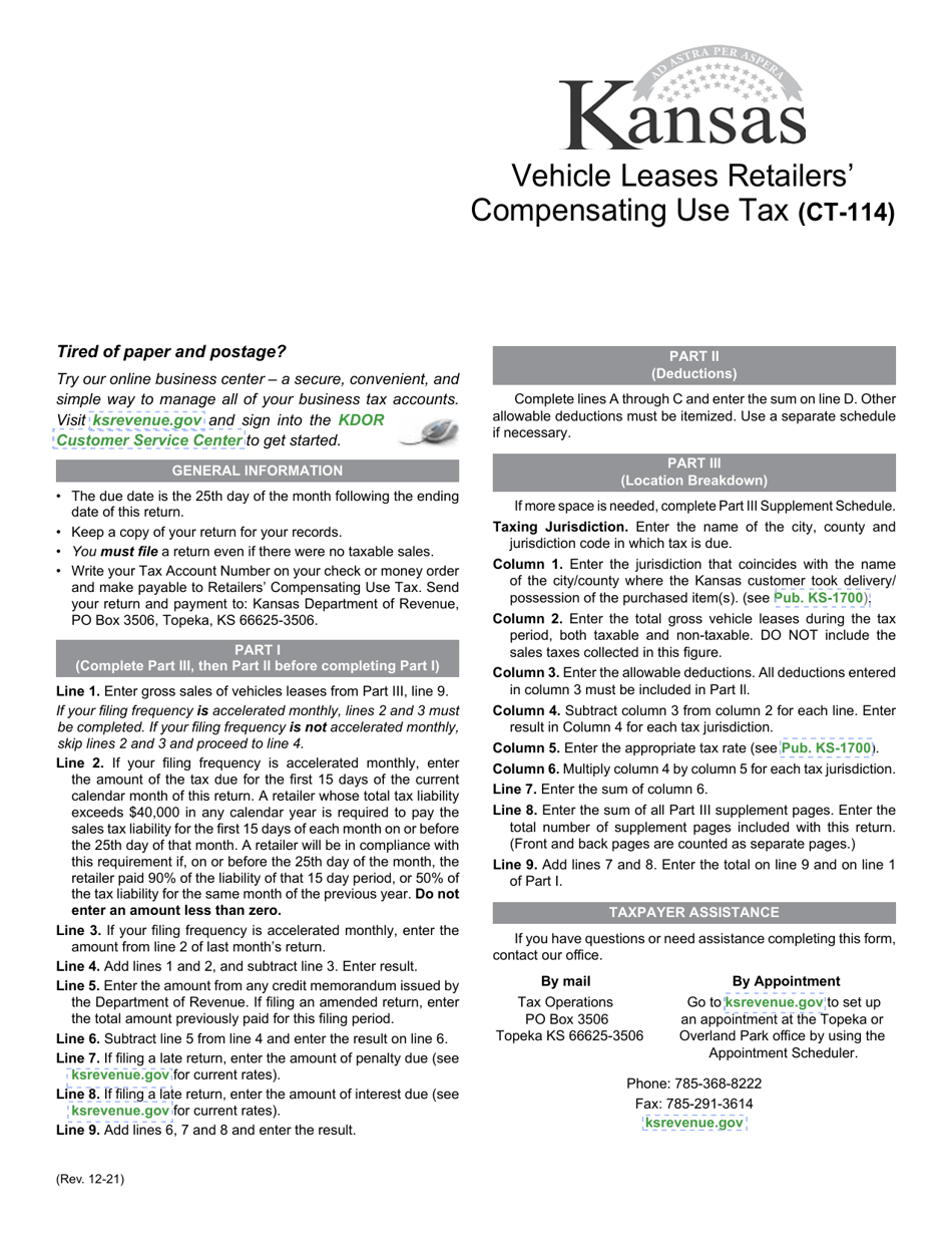 Form CT114 Download Fillable PDF or Fill Online Kansas Vehicle Leases