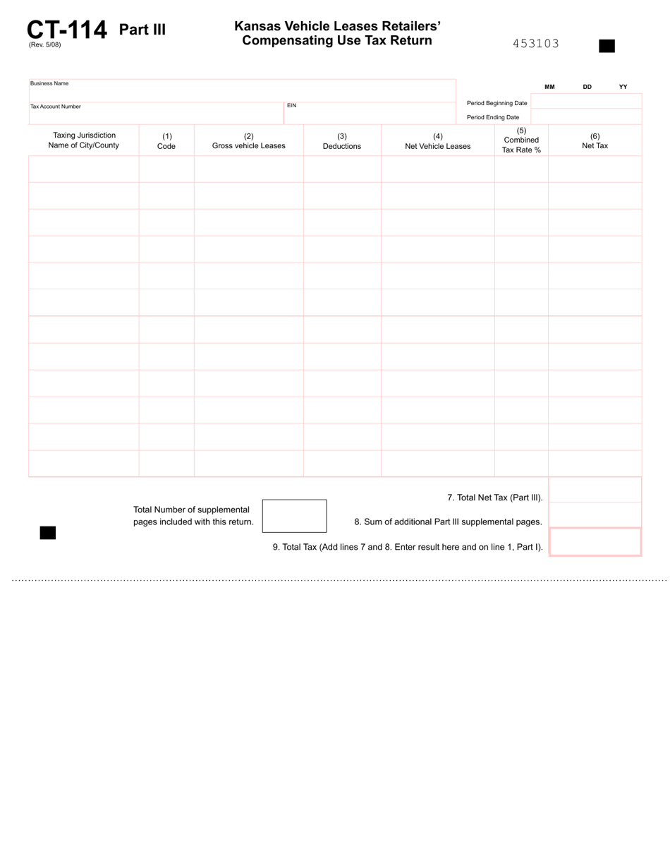 Form CT-114 Kansas Vehicle Leases Retailers Compensating Use Tax Return - Kansas, Page 3