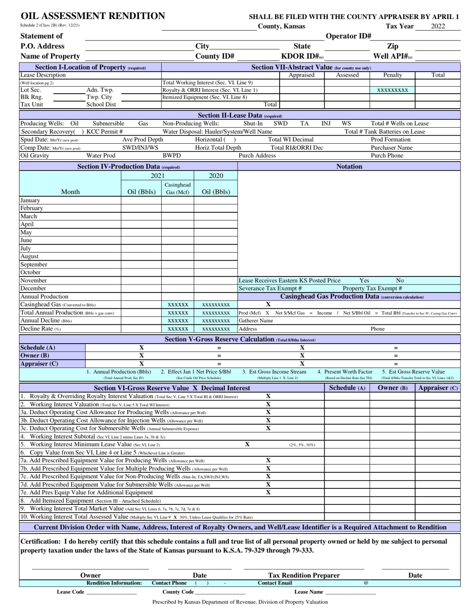 Schedule 2 Oil Assessment Rendition - Kansas, Page 1